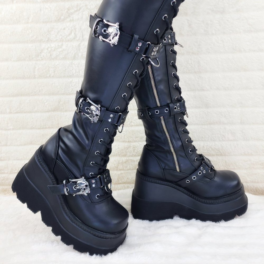 Brand New Shaker 420 Thigh High Platform Goth Punk Rocker Boots Stretch Leather - Picture 11 of 15